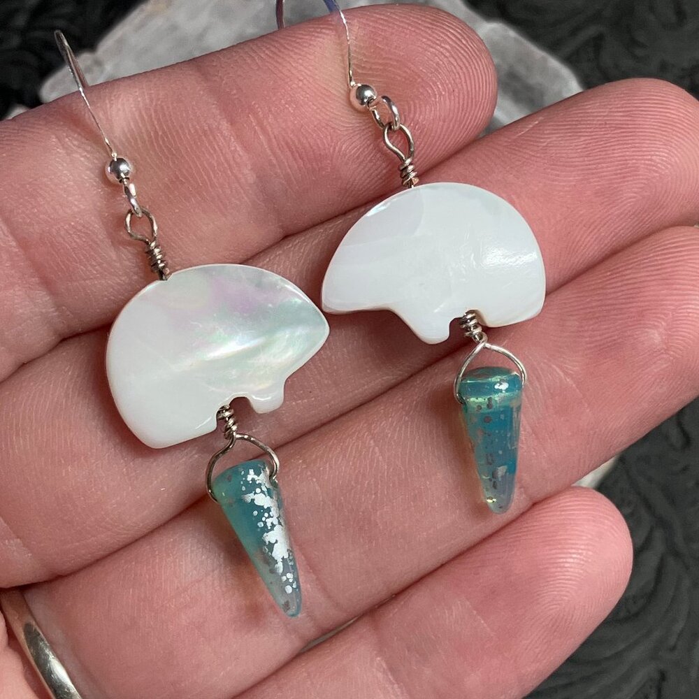 White Nacre Mother of Pearl Polar Zuni Bear and Arctic Blue Spike Earrings